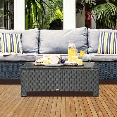 OUTSUNNY Ousunny Patio Furniture, Wicker Coffee Table, Hand-Woven PE Rattan Side Table With A Tempered Glass Top, 33.5" X 19.75", Black 4 OUTSUNNY Ousunny Patio Furniture, Wicker Coffee Table, Hand-Woven PE Rattan Side Table With A Tempered Glass Top, 33.5" X 19.75", Black - Image 2