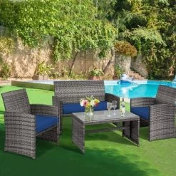 Costway 4PCS Patio Rattan Furniture Set Conversation Glass Table Top Cushioned TurquoiseRed -Outdoor Furniture Store GUEST 95a3f9dc 74ca 495e 9349 afc325a6400d
