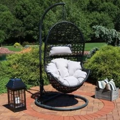 Sunnydaze Decor Sunnydaze Outdoor Resin Wicker Patio Cordelia Hanging Basket Egg Chair Swing With Cushion, Headrest, And Steel Stand Set- 3pc -Outdoor Furniture Store GUEST 9826f059 7474 484e a64a 071fd3b1aa05