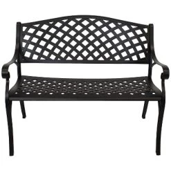 Sunnydaze Decor Sunnydaze 2-Person Checkered Design Cast Aluminum Outdoor Patio Bench, Black