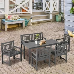 Outsunny 6 Piece Patio Dining Set, Outdoor Poplar Wood Furniture Set, Umbrella Hole Table And Chairs With Bench, Dark Gray -Outdoor Furniture Store GUEST 990a2a57 059c 44bd bf3d 21a084d27879