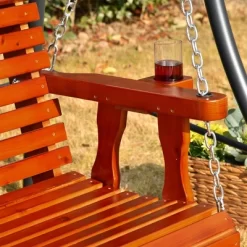 Outsunny 46" 2-Person Porch Swing Wooden Patio Swing Bench With Cup Holders, Slatted Design, & Chains Included, 440lb Weight Capacity -Outdoor Furniture Store GUEST 999af834 ab4f 44ba 9734 99bfc6d0ca67