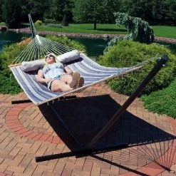 Sunnydaze Decor Sunnydaze 2-Person Quilted Fabric Spreader Bar Hammock With Detachable Pillow And Stand - 400 Lb Weight Capacity/15' Stand -Outdoor Furniture Store GUEST 99fc058e 3797 4a2b 8583 5289d13ac0f1