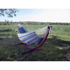 The Hamptons Collection 102” Blue And Green Striped Brazilian Style Hammock With Stand