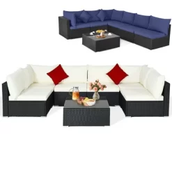 Costway 7PCS Patio Rattan Furniture Set Sectional Sofas Off White & Navy Cushion Covers -Outdoor Furniture Store GUEST 9a94a79f 6eba 42b3 9868 1a28550fd9c2