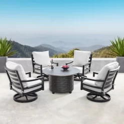 5pc Outdoor Fire Table Set With 44" Round Fire Table, 4 Deep Seating Swivel Rocking Chairs & Table Fabric Covers - Oakland Living