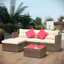 5pc Wicker Patio Sectional Seating Set With Shallow Cushions - Brown - GODEER -Outdoor Furniture Store GUEST 9b41661e 0676 41aa b9af 3e2c13be24fe