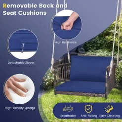 Costway Porch Swing Chair Rattan Woven Hanging Bench Seat With Cushions Hooks Balcony Navy -Outdoor Furniture Store GUEST 9cbe91b9 ba76 4e3f b951 3c29654df688