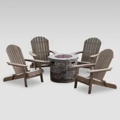 Maison 5pc Acacia Wood And Light Weight Concrete Adirondack Chair And Fire Pit Set - Gray - Christopher Knight Home