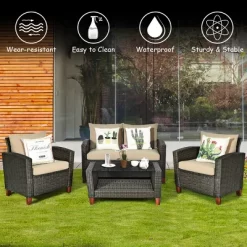 Costway 4PCS Patio Rattan Furniture Set Solid Wood Leg Cushioned Sofa Garden Lawn -Outdoor Furniture Store GUEST 9f57149b 376b 45a5 8622 b25261331a9f