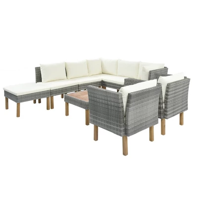 9pc Wicker & Acacia Wood Patio Conversation Set With Cushions - Beige - GODEER 9 9pc Wicker & Acacia Wood Patio Conversation Set With Cushions - Beige - GODEER - Image 7