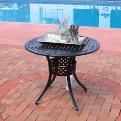 Sunnydaze Decor Sunnydaze Round Lattice Design Cast Aluminum Outdoor Patio Table With Umbrella Hole, Black -Outdoor Furniture Store GUEST a3bdb0a3 72a4 40cb bc4a 50978c29cc9b