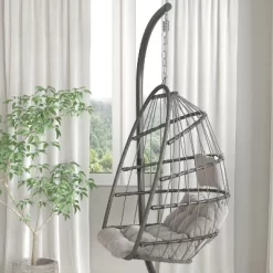 Merrick Lane Foldable Woven Hanging Egg Chair In Gray With Removable Gray Cushions And Stand For Indoor And Outdoor Use -Outdoor Furniture Store GUEST a5126a54 2462 47e6 a3a0 6c97ce18a71b
