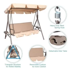 Outdoor Furniture Store 23 GOLDSUN 3 Person Outdoor Weather Resistant Patio Glider Swing Hammock With Utility Tray, Removable Cushion, & Canopy For Patio, Garden, Or Deck, Beige