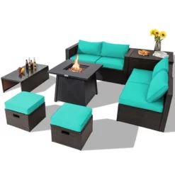 Tangkula 9PCS Outdoor Patio Furniture Set With 30" Propane Fire Pit Table PE Wicker Space-Saving Sectional Sofa Set W/ Storage Box & Cushions -Outdoor Furniture Store GUEST a5372c13 1053 456a b5e1 91a6c8ad45f3