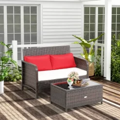 Costway 2PCS Patio Rattan Wicker Love-seat Coffee Table Set Cushioned Bench Garden Deck -Outdoor Furniture Store GUEST a5ccdcf0 7950 4a8a a414 a5c8f8e3957e