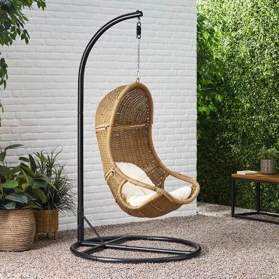 Ripley Outdoor Wicker Hanging Chair With Stand - Light Brown/Beige - Christopher Knight Home 3 Ripley Outdoor Wicker Hanging Chair With Stand - Light Brown/Beige - Christopher Knight Home