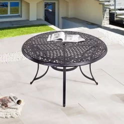 48" Round Aluminum Casting Patio Dining Table With Umbrella Hole - Black - WELLFOR -Outdoor Furniture Store GUEST a7c798f8 8f72 4bb2 ba0e e0f8d0152d02