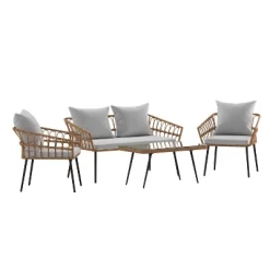 Emma And Oliver Four Piece Indoor/Outdoor Boho Open Weave Natural Rattan Rope Patio Set With Two Chairs, Loveseat And Table With Cushions -Outdoor Furniture Store GUEST a7d2a520 4a64 4ede bf9f 619facdca3be