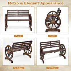 Costway Outdoor Wooden Wagon Wheel Garden Bench 2-Person Slatted Seat Armrests Rustic -Outdoor Furniture Store GUEST a7e90191 bda9 4b38 86b7 603fdd2ebf9e