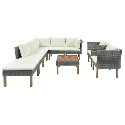 9pc Wicker & Acacia Wood Patio Conversation Set With Cushions - Beige - GODEER 6 9pc Wicker & Acacia Wood Patio Conversation Set With Cushions - Beige - GODEER - Image 4
