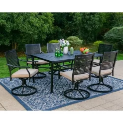 7pc Outdoor Dining Set With Steel Swivel Chairs & Large Rectangle Metal Table With Umbrella Hole - Black - Captiva Designs