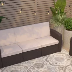 Merrick Lane Outdoor Furniture Resin Sofa Chocolate Brown Faux Rattan Wicker Pattern Patio 3-Seat Sofa With All-Weather Beige Cushions -Outdoor Furniture Store GUEST a8ea56fa 3fde 4772 939c 4923b7bcbf35