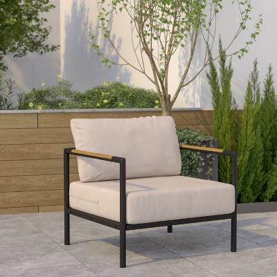 Emma And Oliver Aluminum Frame Patio Chair With Teak Arm Accents And Plush Cushions 3 Emma And Oliver Aluminum Frame Patio Chair With Teak Arm Accents And Plush Cushions