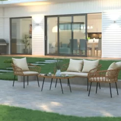 Emma And Oliver Four Piece Indoor/Outdoor Boho Open Weave Natural Rattan Rope Patio Set With Two Chairs, Loveseat And Table With Cushions -Outdoor Furniture Store GUEST aad881c5 31c6 4120 93ff 85bd738fde82