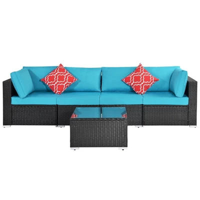 5pc Wicker Patio Sectional Seating Set With Cushions - Espresso/Blue - GODEER 4 5pc Wicker Patio Sectional Seating Set With Cushions - Espresso/Blue - GODEER - Image 2