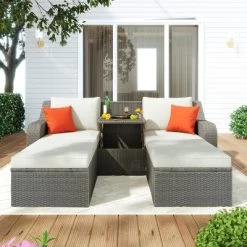 3-Piece Patio Wicker Sofa Set With Cushions, Pillows, Ottomans And Lift Top Coffee Table-ModernLuxe