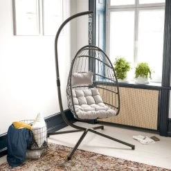 Merrick Lane Foldable Woven Hanging Egg Chair In Gray With Removable Gray Cushions And Stand For Indoor And Outdoor Use -Outdoor Furniture Store GUEST abd61e0d 026f 4e53 9e06 1aa8be8d61a4