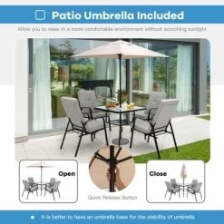Costway 6PCS Patio Dining Set Stackable Chairs Cushioned Glass Table W/Umbrella -Outdoor Furniture Store GUEST acee610a cdec 41be 97fa 157b5e3646c8