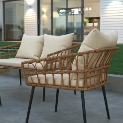 Emma And Oliver Four Piece Indoor/Outdoor Boho Open Weave Natural Rattan Rope Patio Set With Two Chairs, Loveseat And Table With Cushions -Outdoor Furniture Store GUEST ad24381e 1c80 4bf7 ab54 982e8e907f72