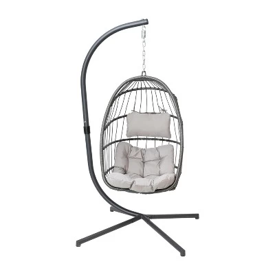 Emma And Oliver Awen Foldable Hanging Egg Chair With Woven Finish, Removable Cushions, And Included Stand For Indoor And Outdoor Use 6 Emma And Oliver Awen Foldable Hanging Egg Chair With Woven Finish, Removable Cushions, And Included Stand For Indoor And Outdoor Use - Image 4