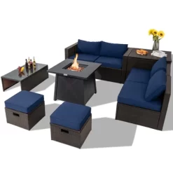 Tangkula 9PCS Outdoor Patio Furniture Set With 30" Propane Fire Pit Table PE Wicker Space-Saving Sectional Sofa Set W/ Storage Box & Cushions -Outdoor Furniture Store GUEST ae5dfbd6 b6f1 4575 82f5 116ff8898df7
