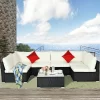 Costway 7PCS Patio Rattan Furniture Set Sectional Sofas Off White & Navy Cushion Covers -Outdoor Furniture Store GUEST b0d03fac 5f5a 4734 a113 34e2876797bb