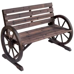 Outsunny Wooden Wagon Wheel Bench Rustic Outdoor Patio Furniture, 2-Person Seat Bench With Backrest -Outdoor Furniture Store GUEST b1169fe5 b79a 4de0 bfba dd9222d6037e