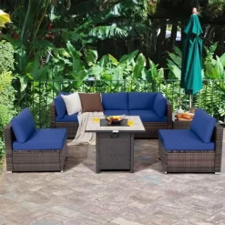 Costway 7PCS Patio Rattan Furniture Set 30'' Fire Pit Table Cover Cushion Sofa Off WhiteBlackNavyRedTurquoise -Outdoor Furniture Store GUEST b354669e 19a8 4867 a09c fbd616de94ea