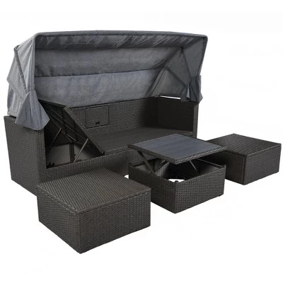4pc Outdoor Wicker Rectangle Daybed With Canopy & Cushions - Gray - GODEER 13 4pc Outdoor Wicker Rectangle Daybed With Canopy & Cushions - Gray - GODEER - Image 11