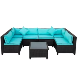 7pc Wicker Outdoor Sectional Seating Set With Cushions - Dark Brown/Blue - GODEER 13 7pc Wicker Outdoor Sectional Seating Set With Cushions - Dark Brown/Blue - GODEER -Outdoor Furniture Store GUEST b67305a2 740b 4041 a8d2 93261659a7c8