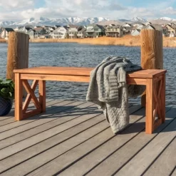 53" Slatted Acacia Wood X-Frame Patio Bench Brown - Saracina Home -Outdoor Furniture Store GUEST b693a23e 6fc7 41fe 8ad1 80ccc722306b