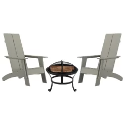 Emma And Oliver Set Of 2 Modern All-Weather Poly Resin Adirondack Rocking Chairs With A Wood Burning Fire Pit For Outdoor Use