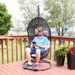 Sunnydaze Decor Sunnydaze Outdoor Resin Wicker Patio Cordelia Hanging Basket Egg Chair Swing With Cushion, Headrest, And Steel Stand Set- 3pc -Outdoor Furniture Store GUEST b76bbcdd 19c9 4ef1 91d7 f9133e06b304