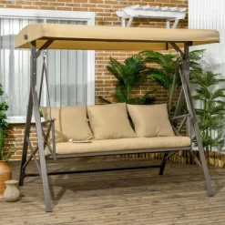 Outsunny 3-Seat Patio Swing Chair, Outdoor Canopy Swing Glider With Cushion With 3 Throw Pillows & Adjustable Shade For Porch, Khaki -Outdoor Furniture Store GUEST b77f2168 2a08 4fab a1cc 01534f3849ee