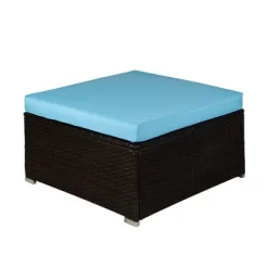 5pc Outdoor Rattan Wicker Conversation Set With Sofas, Chair, Coffee Table & Ottoman - Brown/Blue - GODEER -Outdoor Furniture Store GUEST b8102232 db12 4f4e 8a78 163e6ee60eed 1