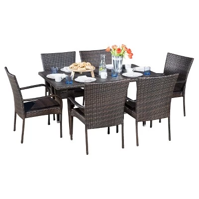 Delani 7pc Wicker Patio Dining Set - Brown - Christopher Knight Home 3 Delani 7pc Wicker Patio Dining Set - Brown - Christopher Knight Home