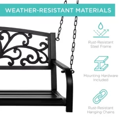 Best Choice Products 2-Person Metal Outdoor Porch Swing, Hanging Steel Patio Bench W/ Floral Accent - Black