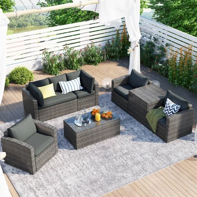7pc Wicker Patio Seating Set With Storage Box - Gray - GODEER 3 7pc Wicker Patio Seating Set With Storage Box - Gray - GODEER