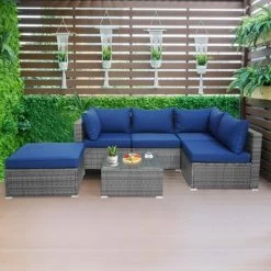 Costway 6PCS Patio Wicker Furniture Set Cushioned Sectional Sofa Coffee Table Navy Deck -Outdoor Furniture Store GUEST ba2afb8d 2218 4afe 81a8 b81bd8bde7f7